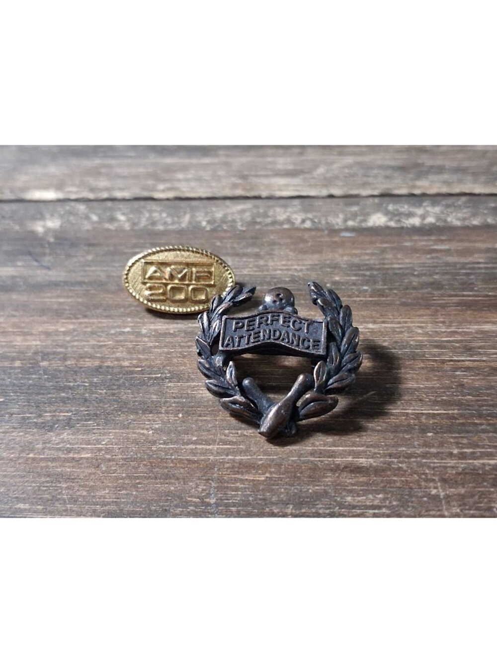 Vintage Bowling Badge Pins Gold Tone AMF 200 Bronze Perfect Attendance Wreath